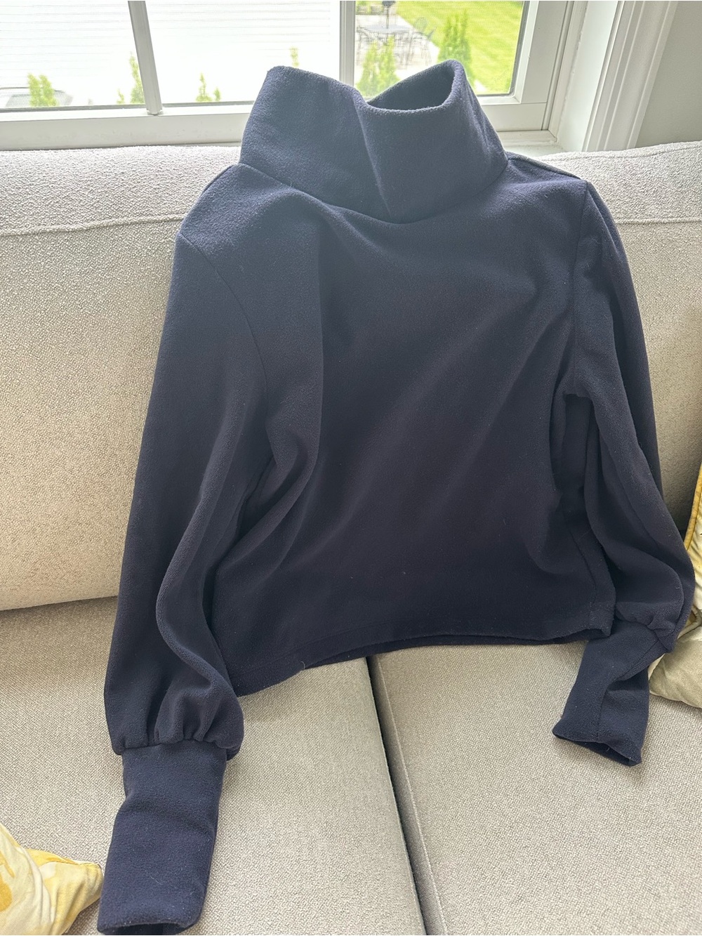 Women's Navy Bell Sleeve Turtleneck Pullover Terry